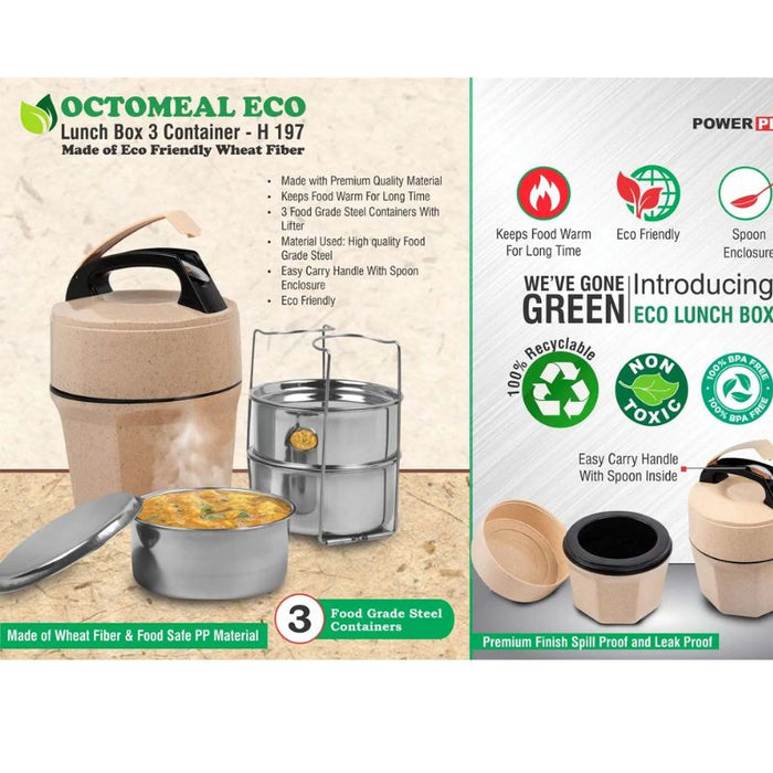 Octomeal Eco: 3 Steel container lunch box with spoon | Made from Eco friendly material