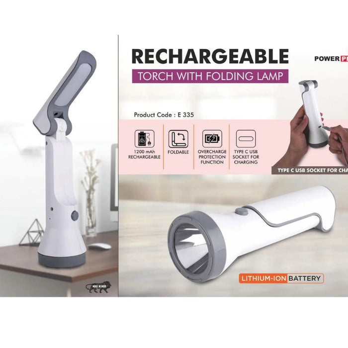 Rechargeable Torch With Folding Lamp | 1200 MAh Rechargeable Battery | Type C Charging Port