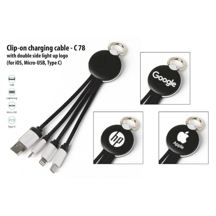 Clip-on charging cable with double side light up logo