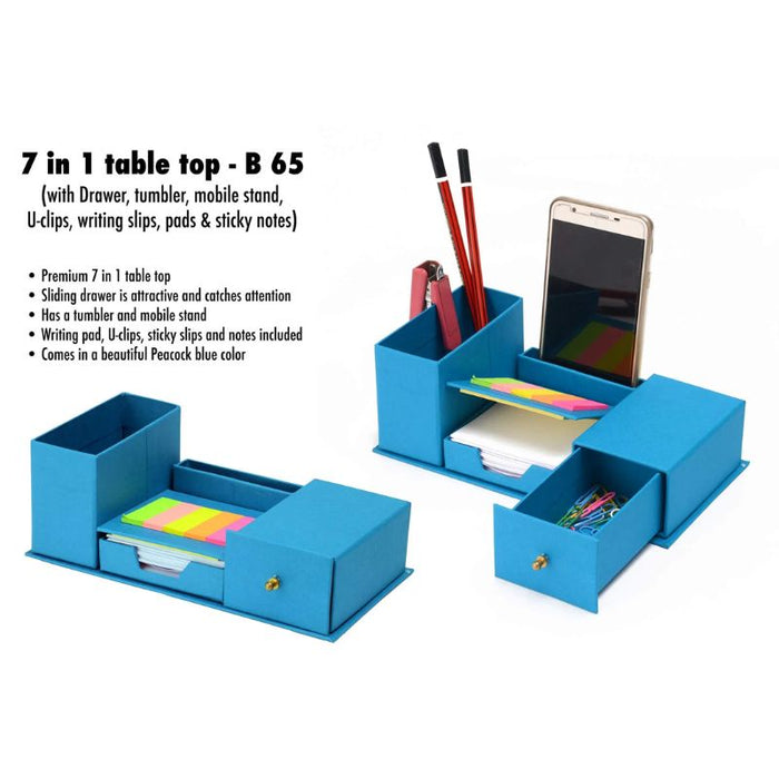 7 in 1 table top with drawer, tumbler, Mobile stand, U-clips, writing slips, pads and sticky notes