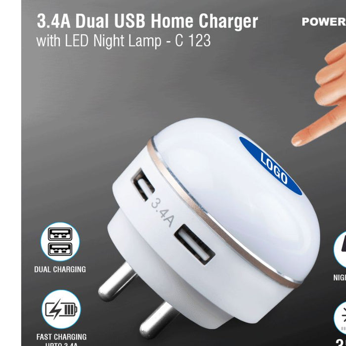 Dual USB fast charger with night lamp
