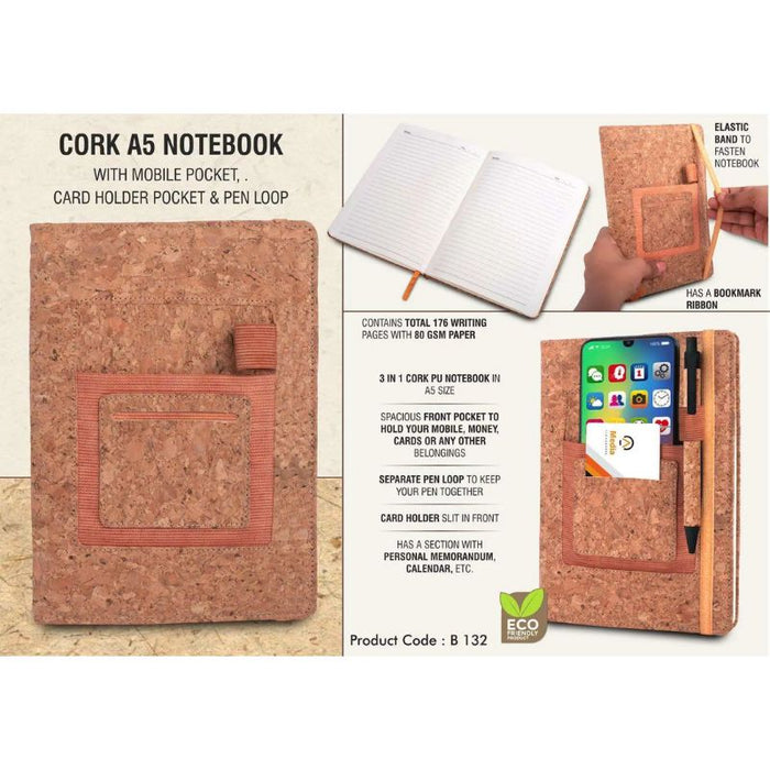 Cork A5 notebook with mobile pocket, card holder pocket & pen loop