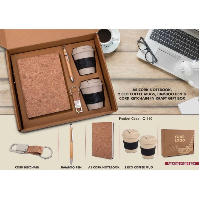 EcoSet 4: Set of A5 Cork notebook, 2 Bamboo Coffee Mugs with Silicon Sleeve Gift Set