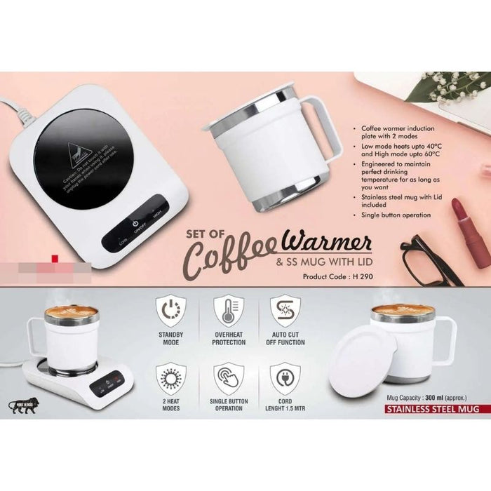 Set of Coffee warmer & SS Mug with Lid | Auto Cut off & Overheat Protection